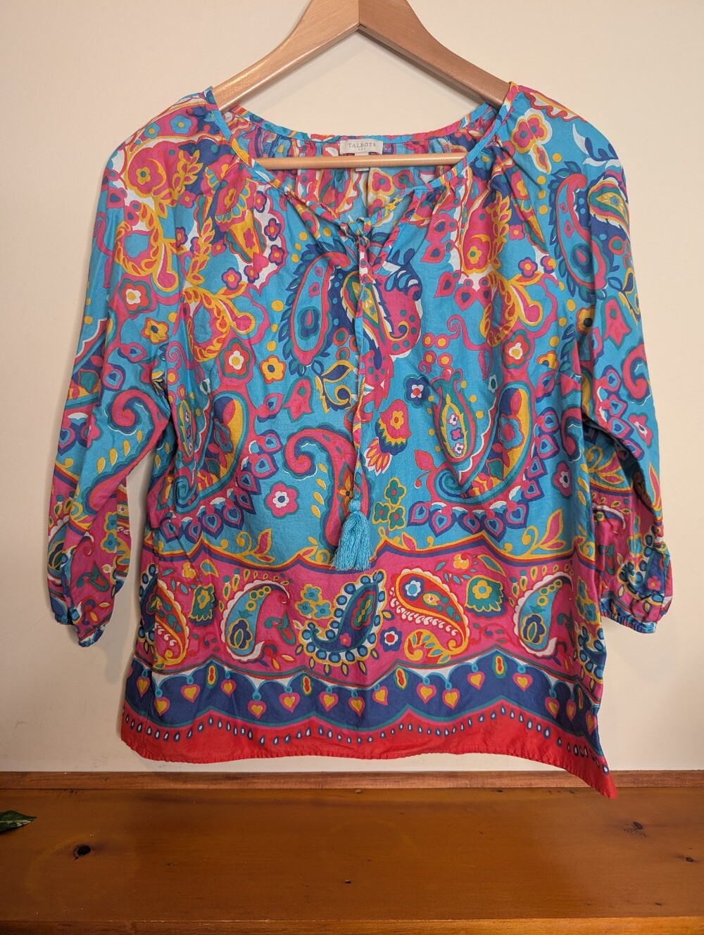 Talbots Boho Paisley Peasant Top M Tassel Tie Blue Pink Cotton 3/4 Sleeve